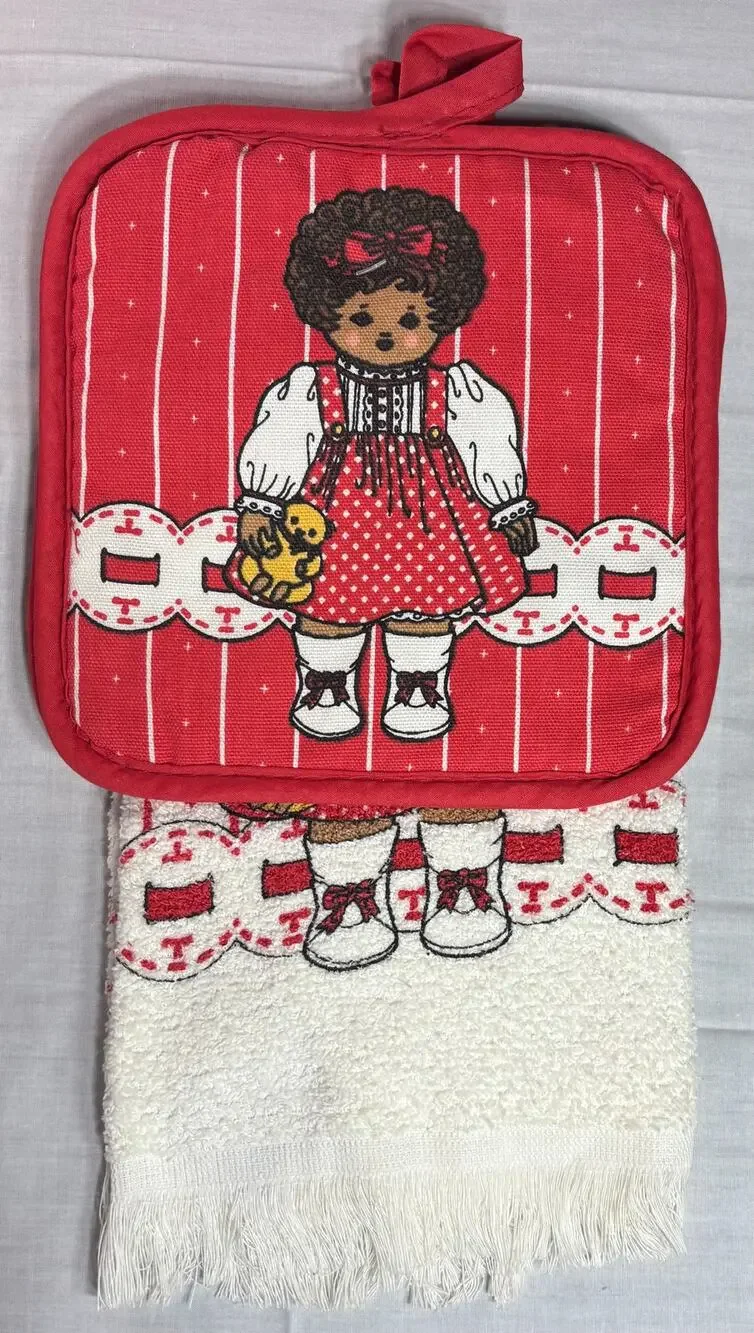 Vintage Girl Kitchen Towel & Potholder Set Red Country Cottage Retro Decor
